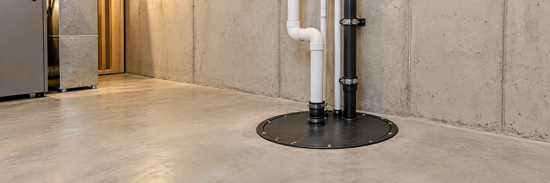 A clean basement utility corner with a sump pit and pipes.