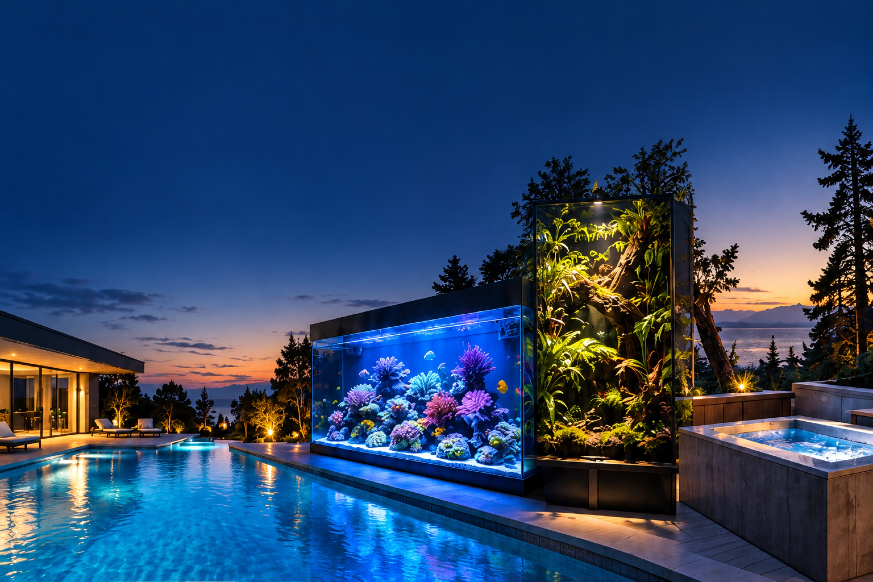 A backyard at dusk with a lit pool, a reef aquarium, a planted terrarium tower and a cold plunge tub.