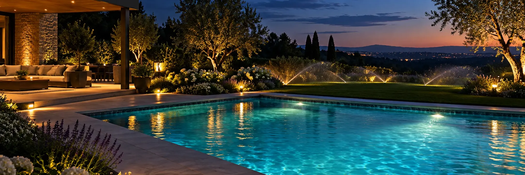A lit pool at dusk with sprinklers watering the lawn beyond.