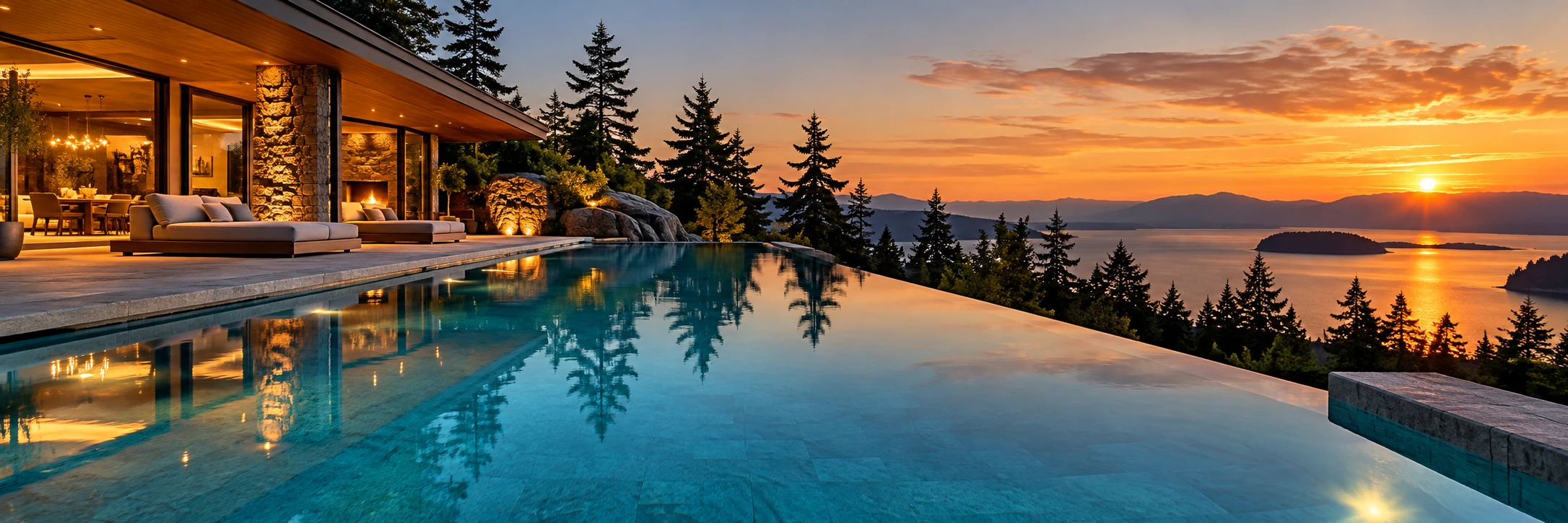 A resort pool softly lit at dusk.