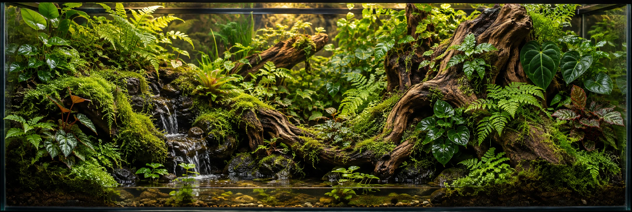 A beautifully lit planted terrarium.