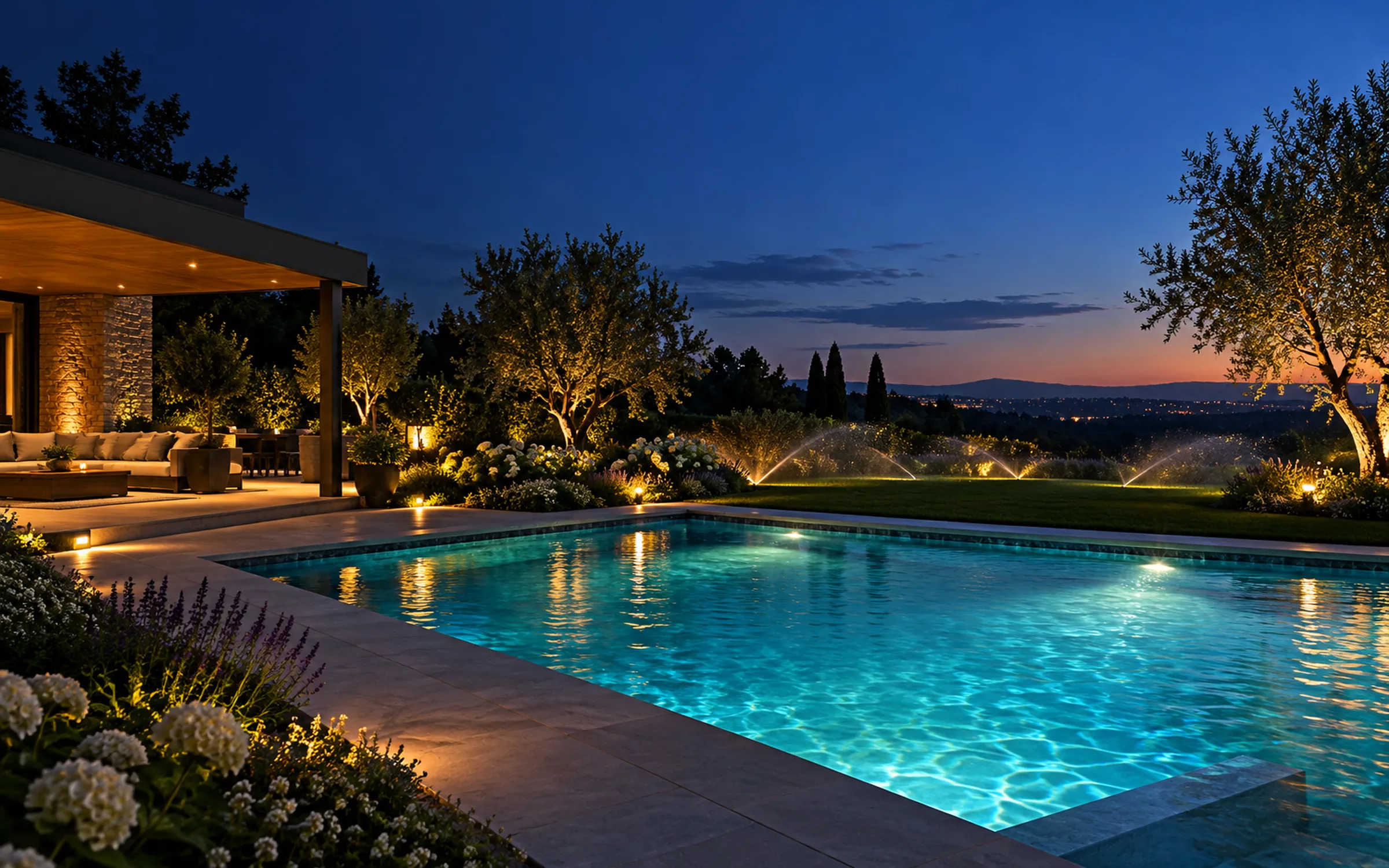 Pool and sprinkler lawn at dusk