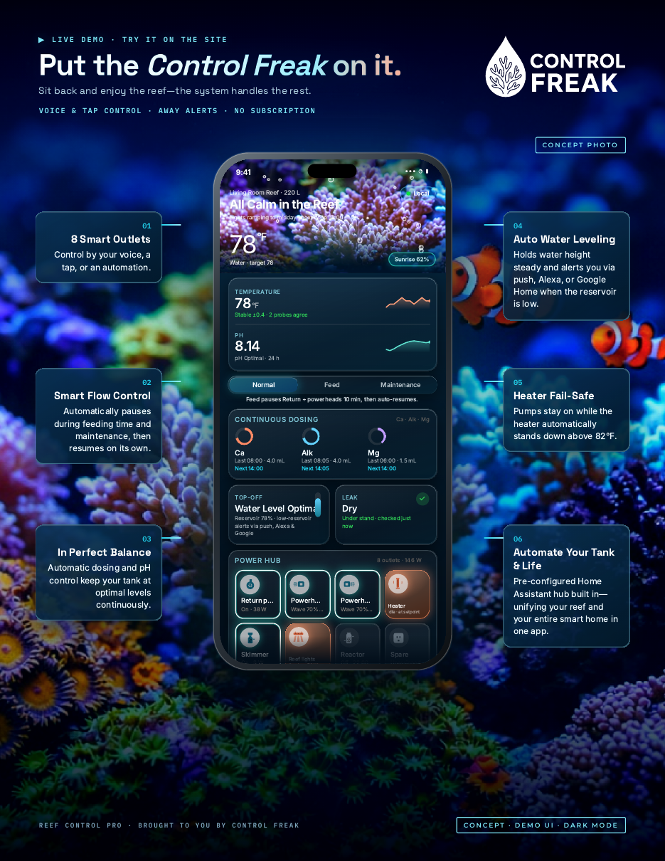Concept illustration of a reef tank with controller under the stand (Concept brochure front)